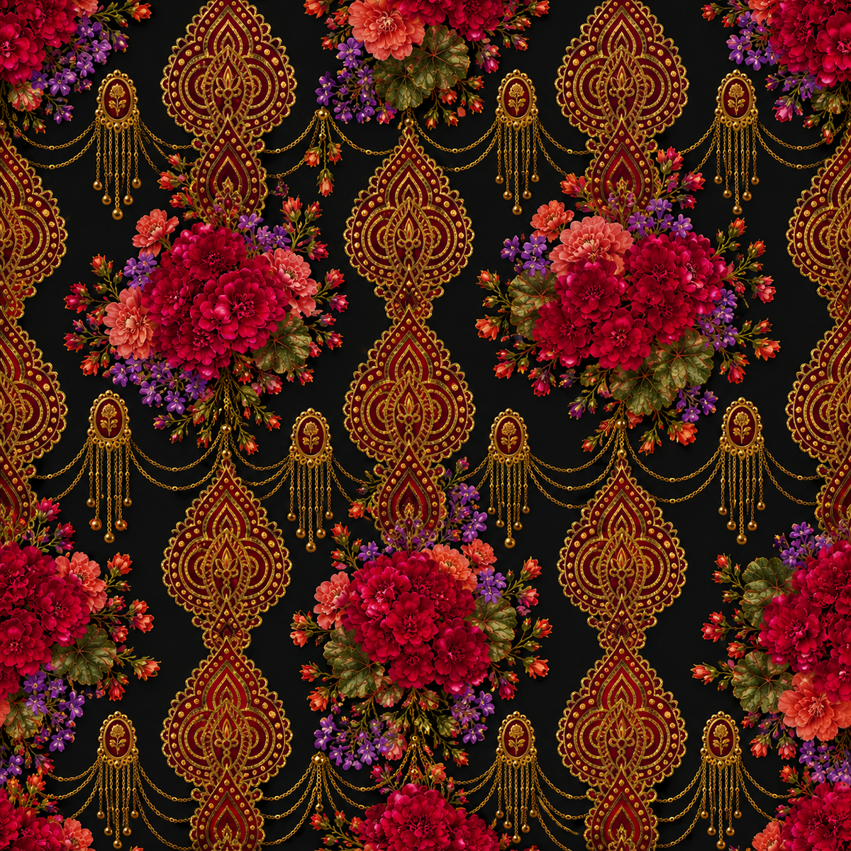 Midnight Ruby Heritage — deep ruby and crimson bouquets alternate with intricate gold-toned pendant motifs against a rich black background.