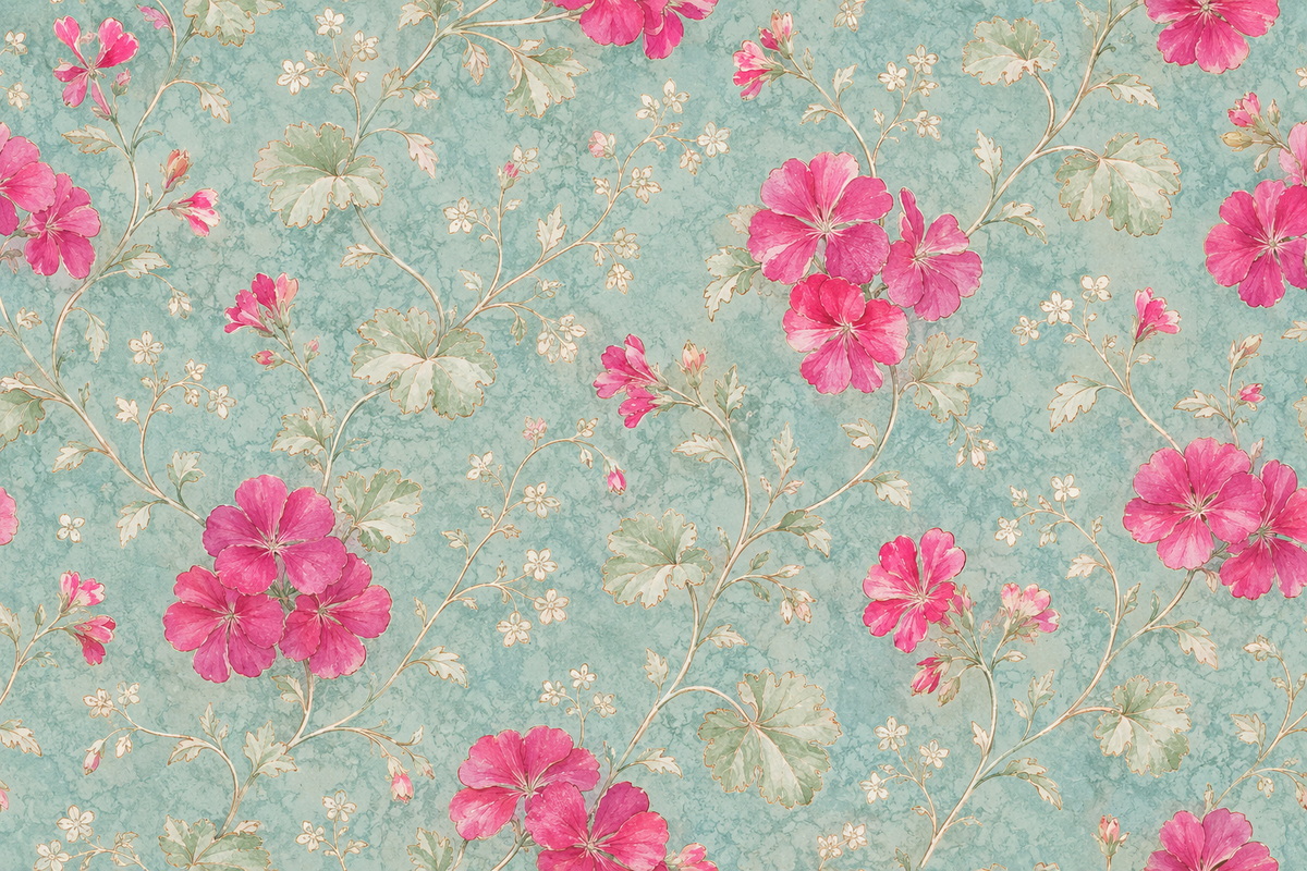 Mint Fuchsia Blossom — fuchsia flower clusters mingle with pale ivory blossoms and delicate gold-inspired stems on mint.