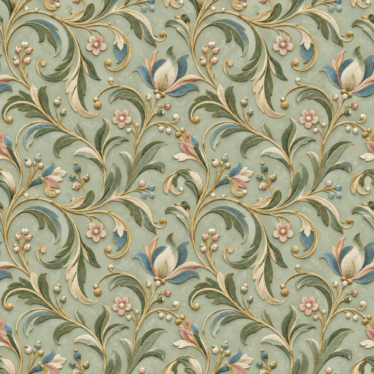 Mint Pearl Arabesque — ivory and olive botanical scrolls curve across soft mint with pearl-inspired dotted detail.