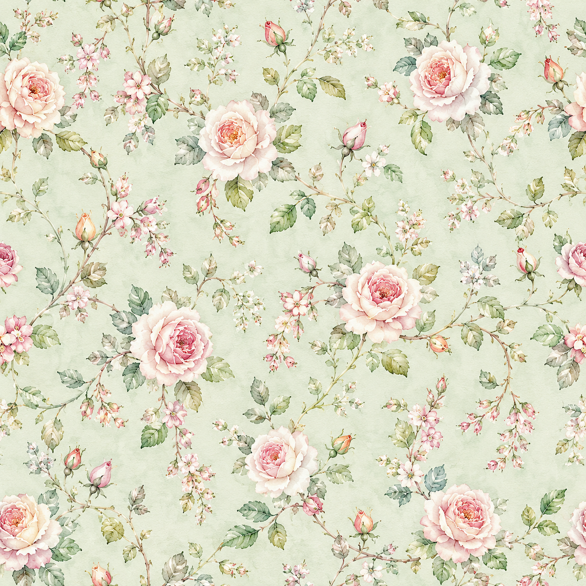 Mint Rose Serenity — blush-pink roses and delicate rosebuds bloom across a pale mint background among fine green leaves and tiny floral sprays.