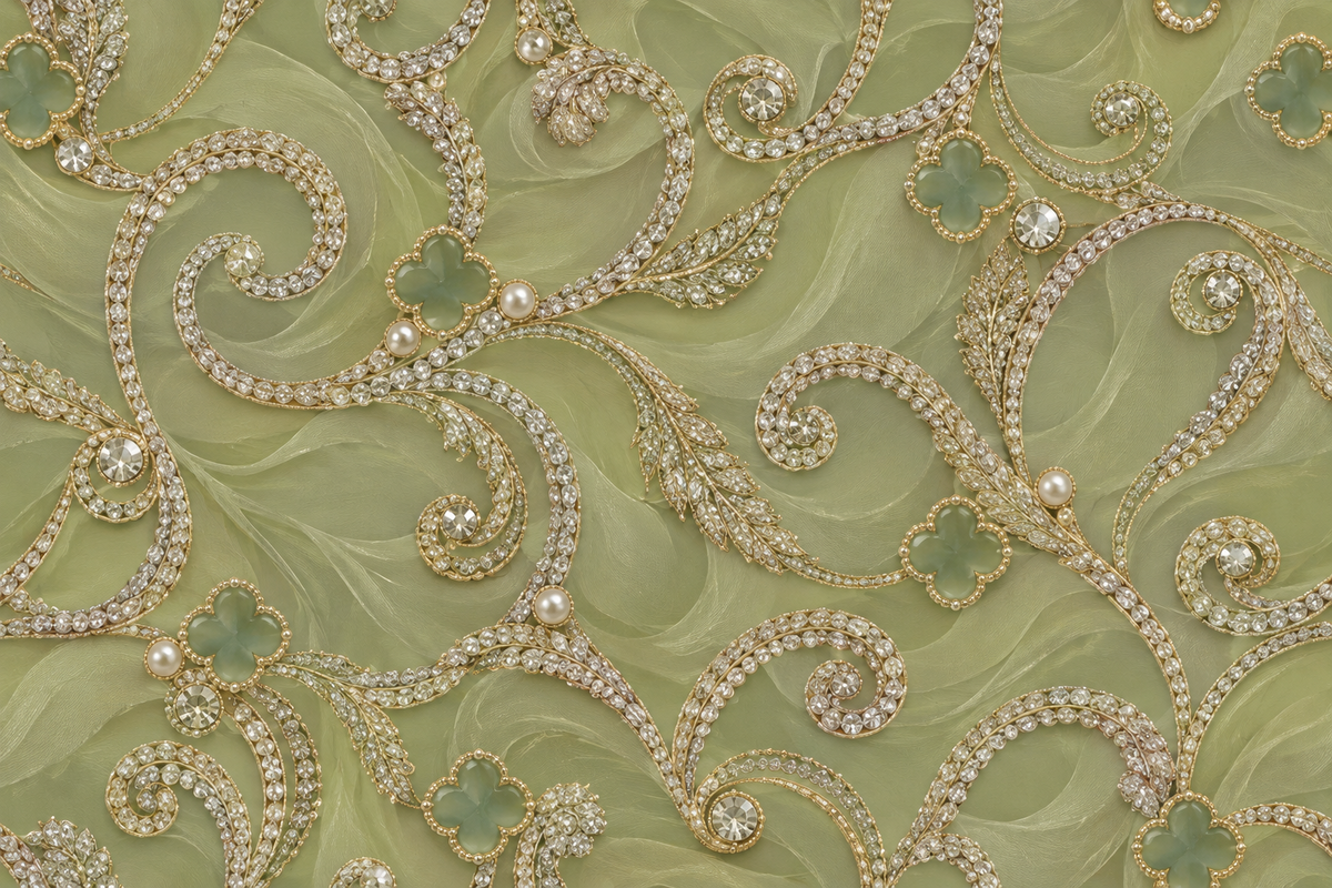 Olive Pearl Scroll — pearl-inspired loops and golden ornamental curls sweep across a soft olive-green ground.