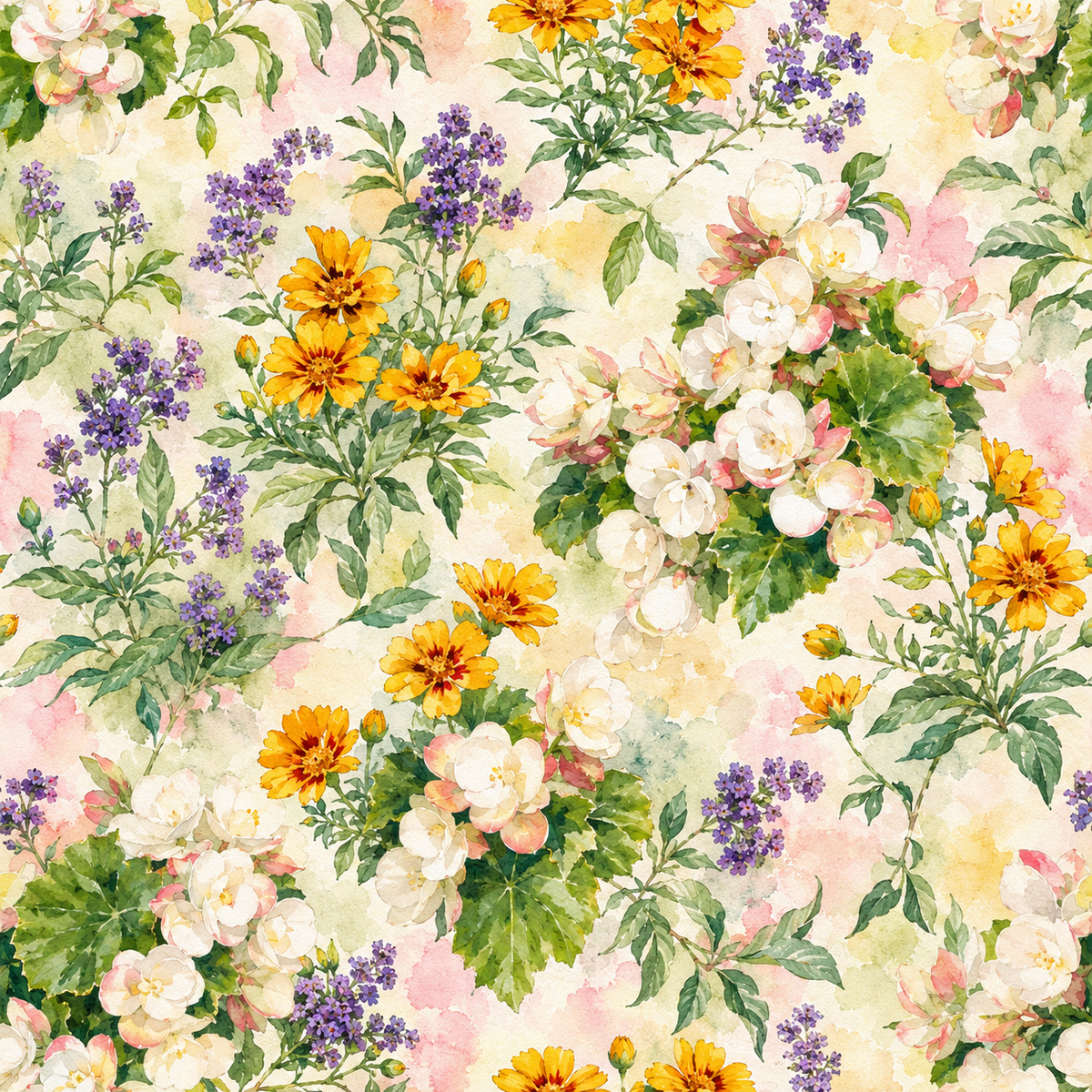 Pastel Bloom Reverie — delicate pink blossoms, golden-yellow daisies and lavender flower sprays weave through fresh green foliage on a soft ivory ground.