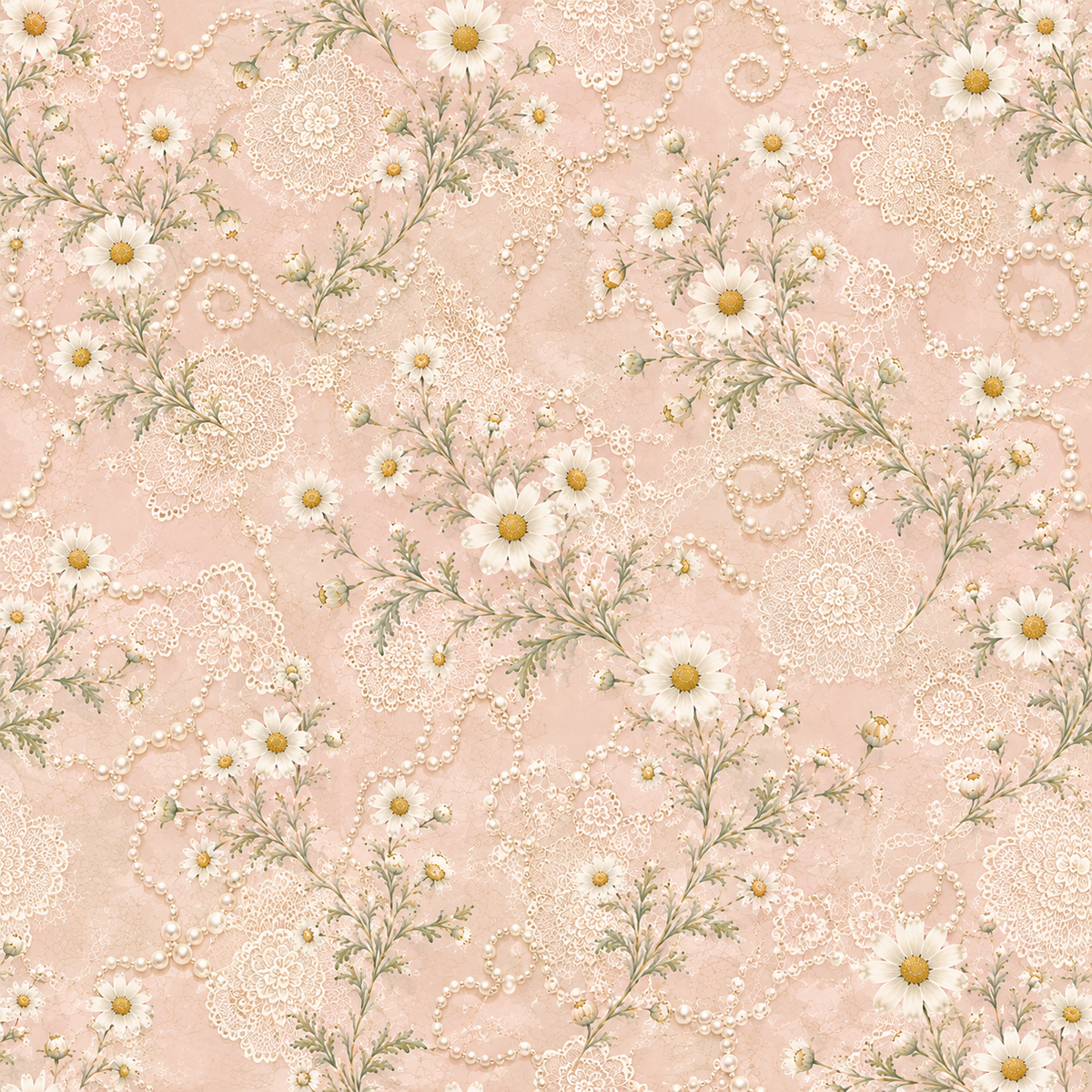 Peach Daisy Pearls — white daisies, fine leafy stems and printed pearl garlands unfold across a soft peach-pink background.
