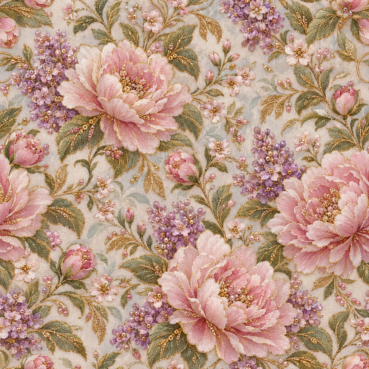 Peony Lilac Sonata — delicate blush peonies and lilac flower sprays mingle with sage-green foliage over a softly washed ivory ground.
