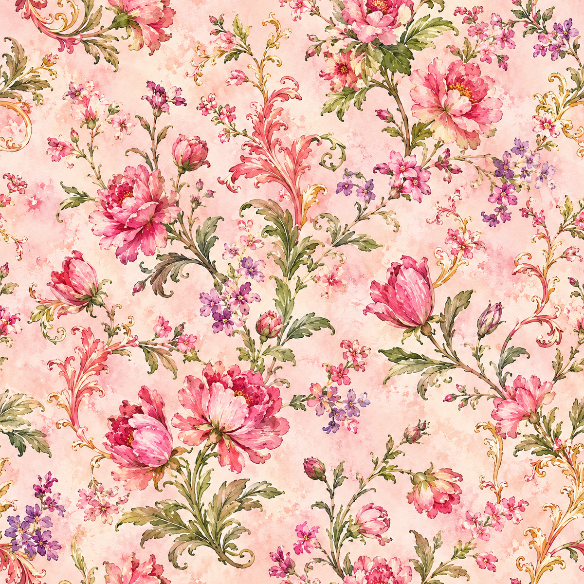 Pink Blossom Sonata — pink and coral blossoms trail among lavender accents and fresh green leaves on a blush ground.