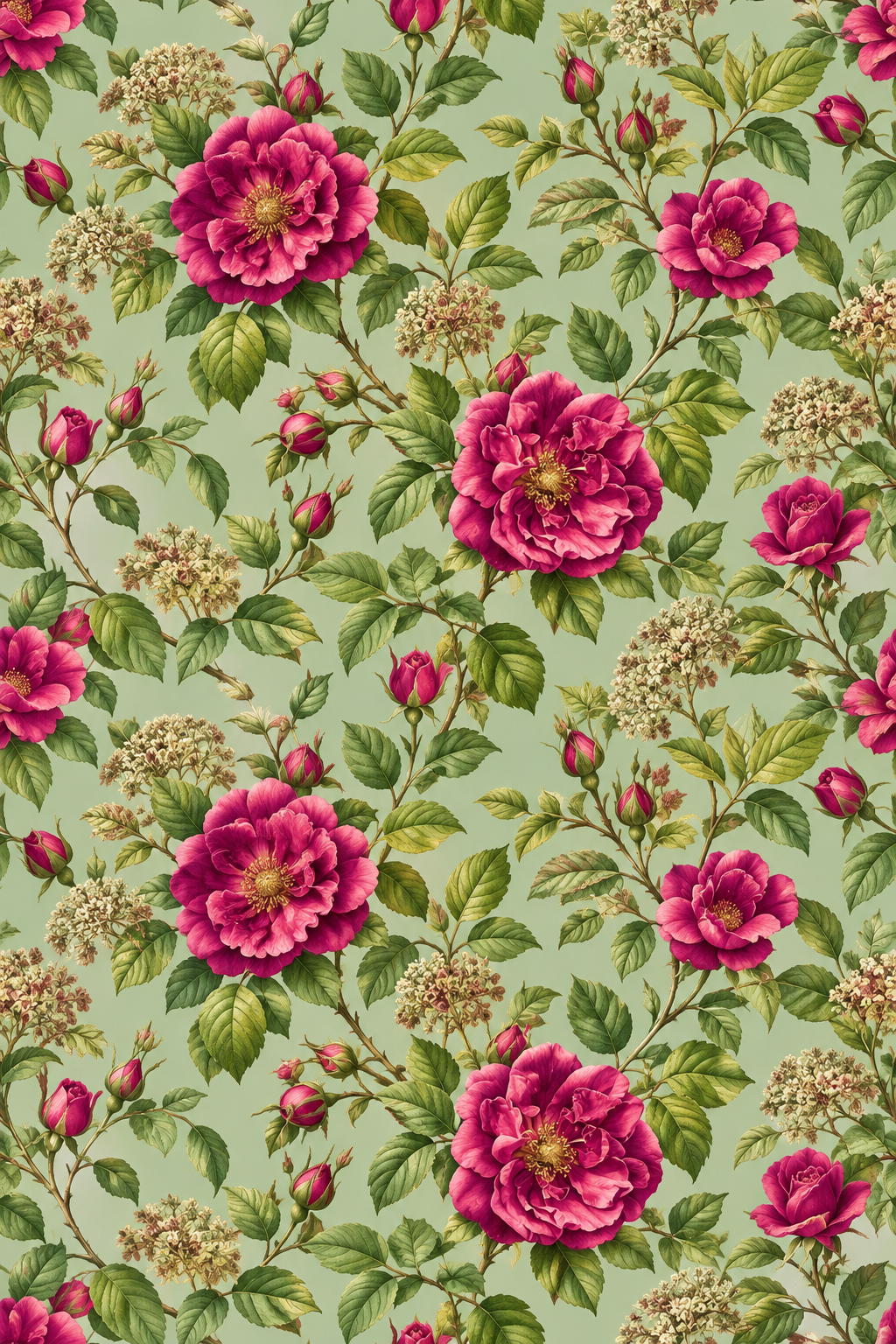 Pistachio Ruby Blossom — vivid ruby-pink bouquets and tiny floral accents bloom among delicate leaves on pale pistachio.