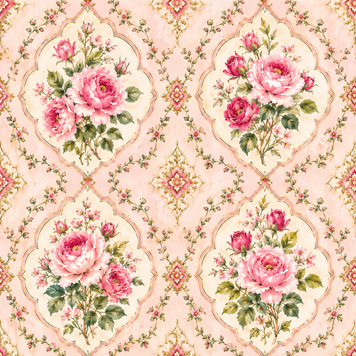 Rose Cameo Elegance — pink rose bouquets nestle within delicate gold-toned oval frames on a creamy blush ground.