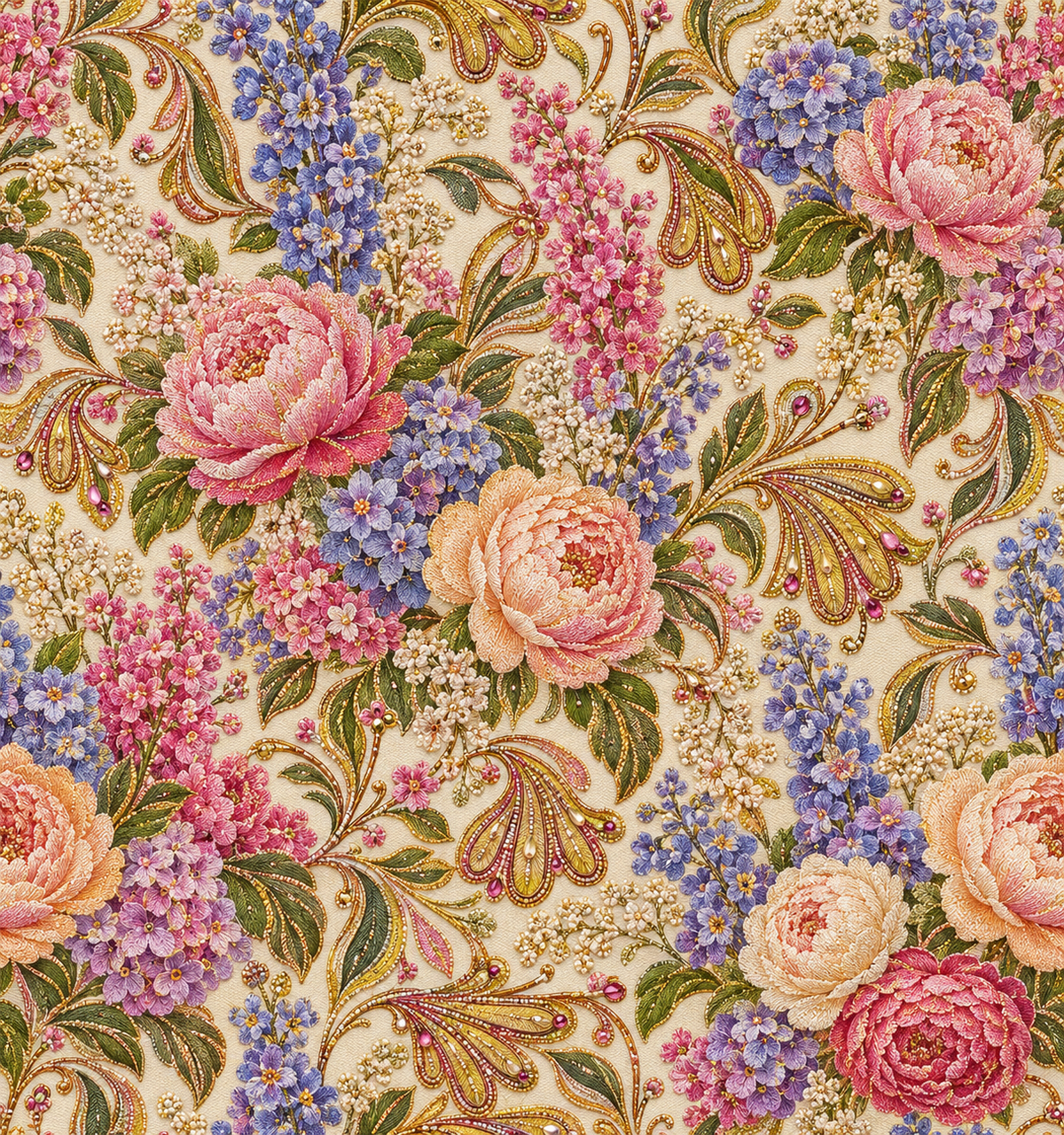Rose Lilac Brocade — pink roses and lilac floral clusters mingle with curling golden leaves on a luminous ivory ground.