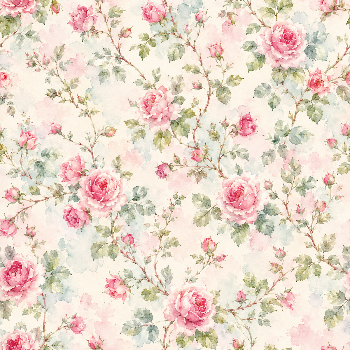 Rosy Bloom Grace — fresh pink roses and petite blossoms weave through soft green foliage on a luminous cream ground touched with blush.