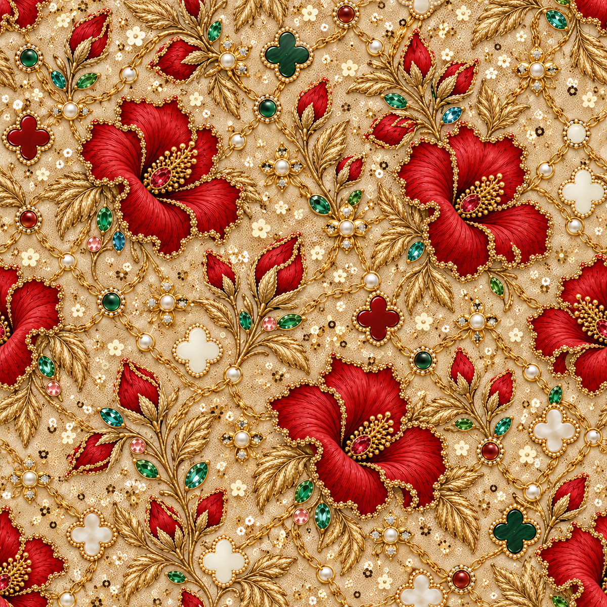 Ruby Blossom Regalia — ruby-red blossoms and tiny floral motifs nestle among intricate gold-toned leaves, pearl details and emerald accents on a champagne ground.