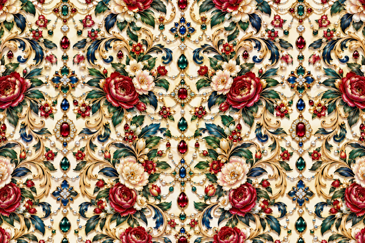 Ruby Heritage Mosaic — ruby floral medallions and richly coloured botanical ornament form an intricate mosaic over warm ivory.