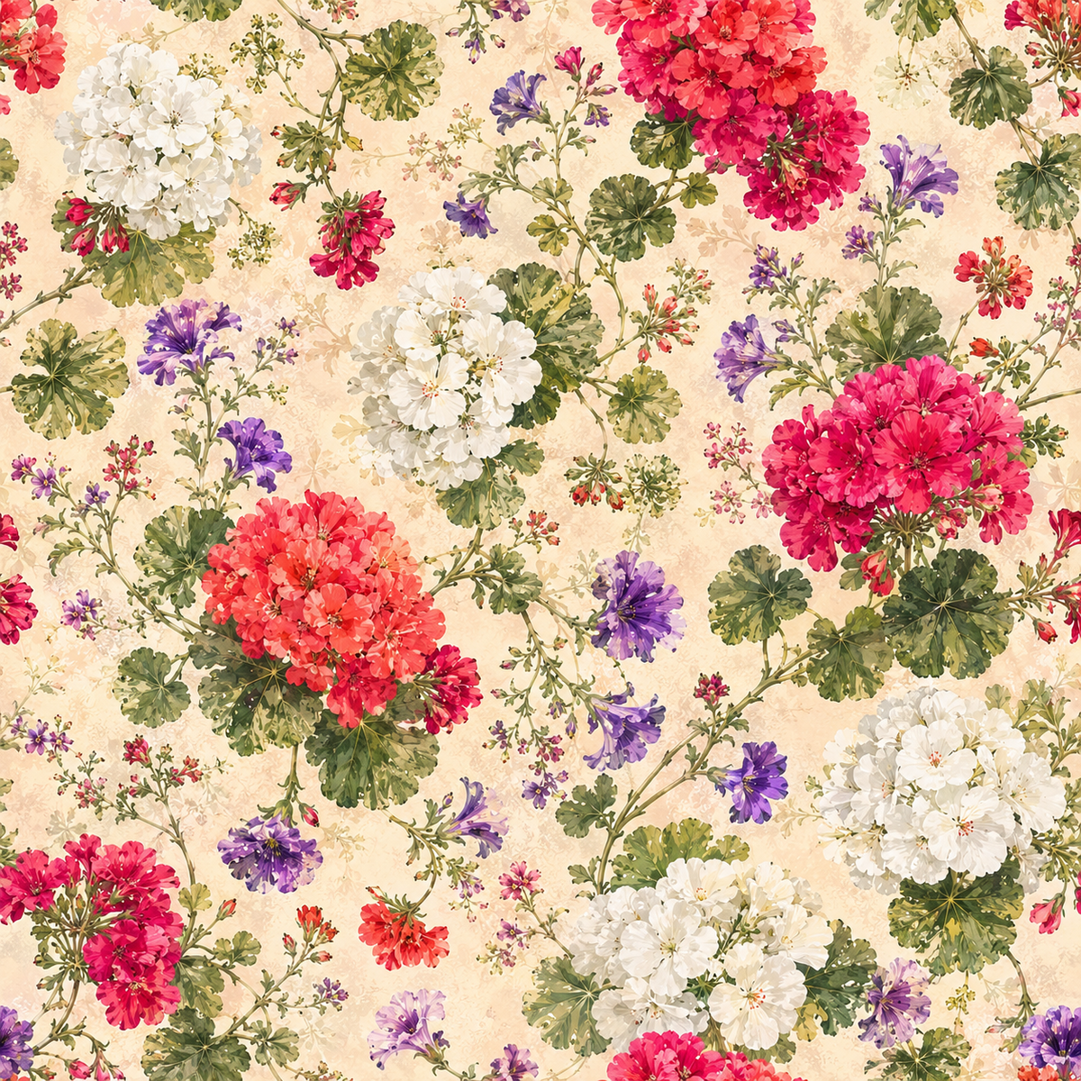 Ruby Hydrangea Mosaic — ruby, coral and fuchsia floral clusters mingle with white blooms, tiny violet flowers and green foliage on cream.