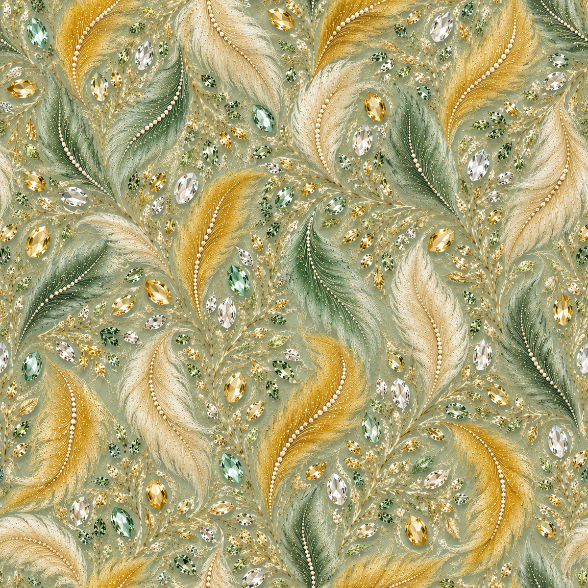 Sage Feather Radiance — sage, ivory and amber feather motifs sweep across a softly textured green ground with jewel-inspired printed accents.