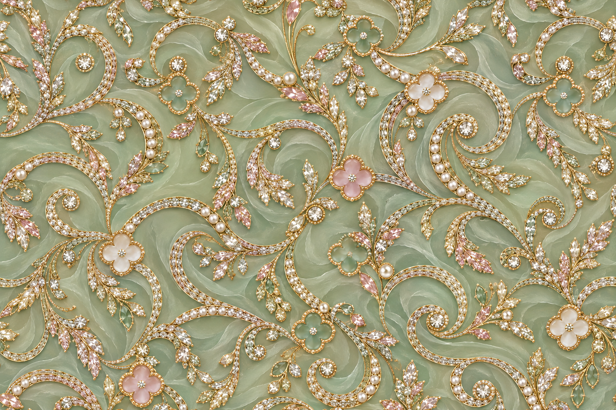 Sage Gilded Arabesque — golden scrolls and pearl-inspired accents wind around delicate pastel floral details on pale sage.