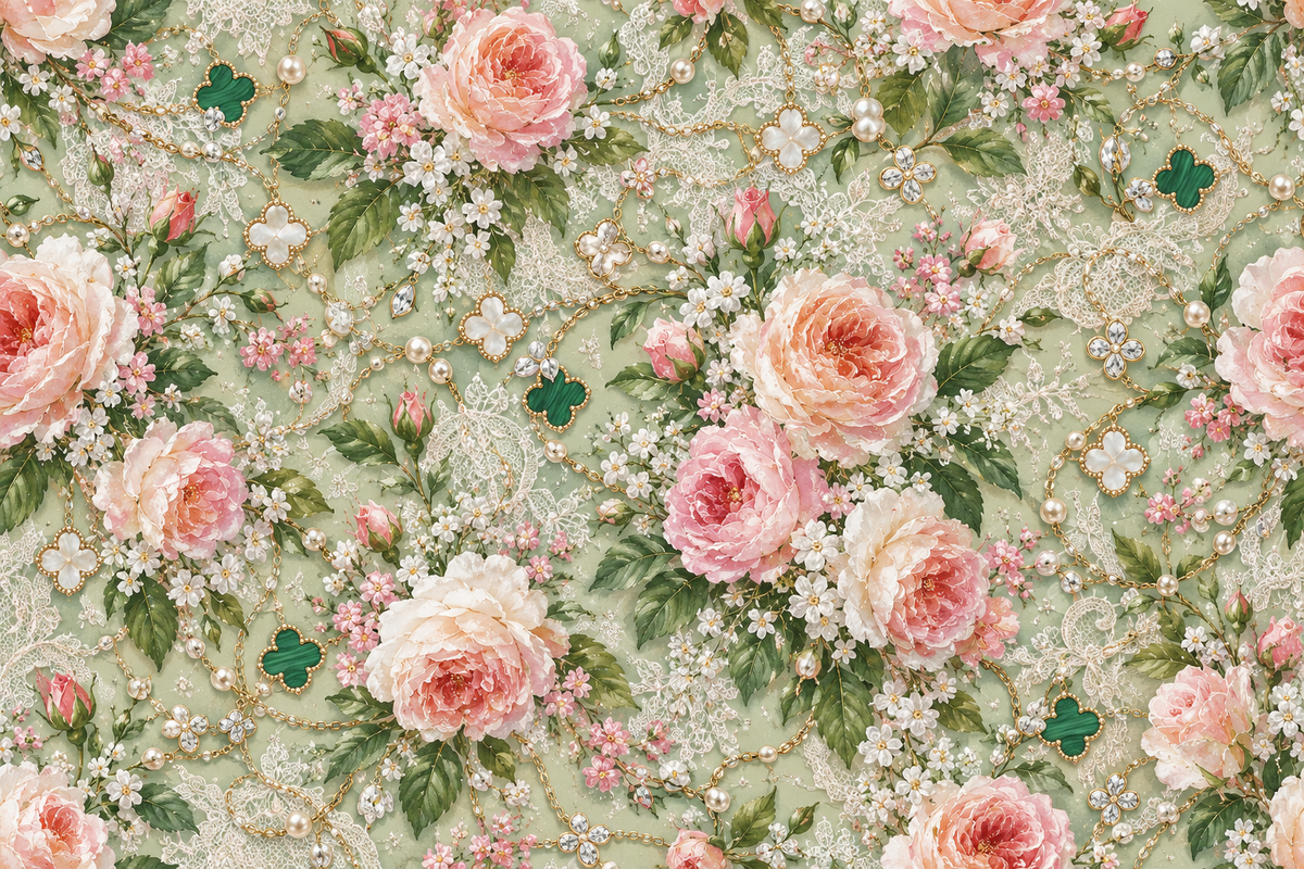 Sage Rose Filigree — blush roses and petite ivory flower sprays bloom over a pale sage ornamental ground.