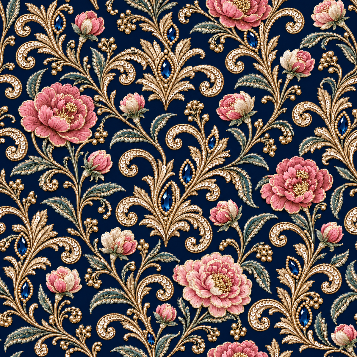 Sapphire Rose Arabesque — blush-pink roses and delicate buds intertwine with ornate gold-toned scrollwork on a deep sapphire-blue ground.