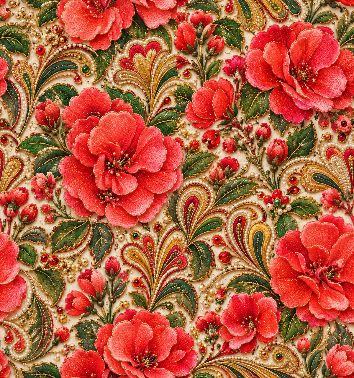 Scarlet Paisley Bloom — scarlet blossoms unfold among green leaves and elaborate gold-toned paisley motifs on a softly textured cream background.