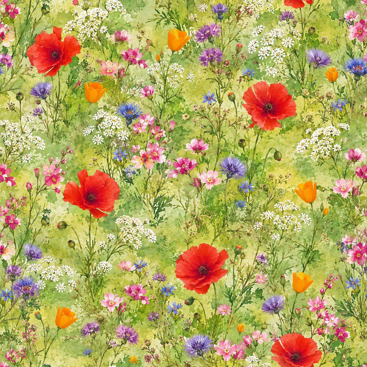 Scarlet Poppy Reverie — scarlet poppies and golden blooms brighten a green meadow filled with delicate white, pink and violet wildflowers.