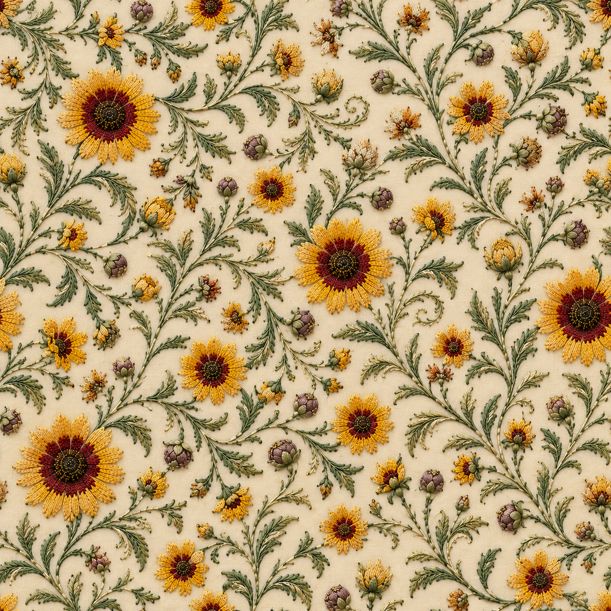 Sunflower Ivory Radiance — golden sunflowers and small ivory blossoms weave through leafy green stems on a warm cream ground.