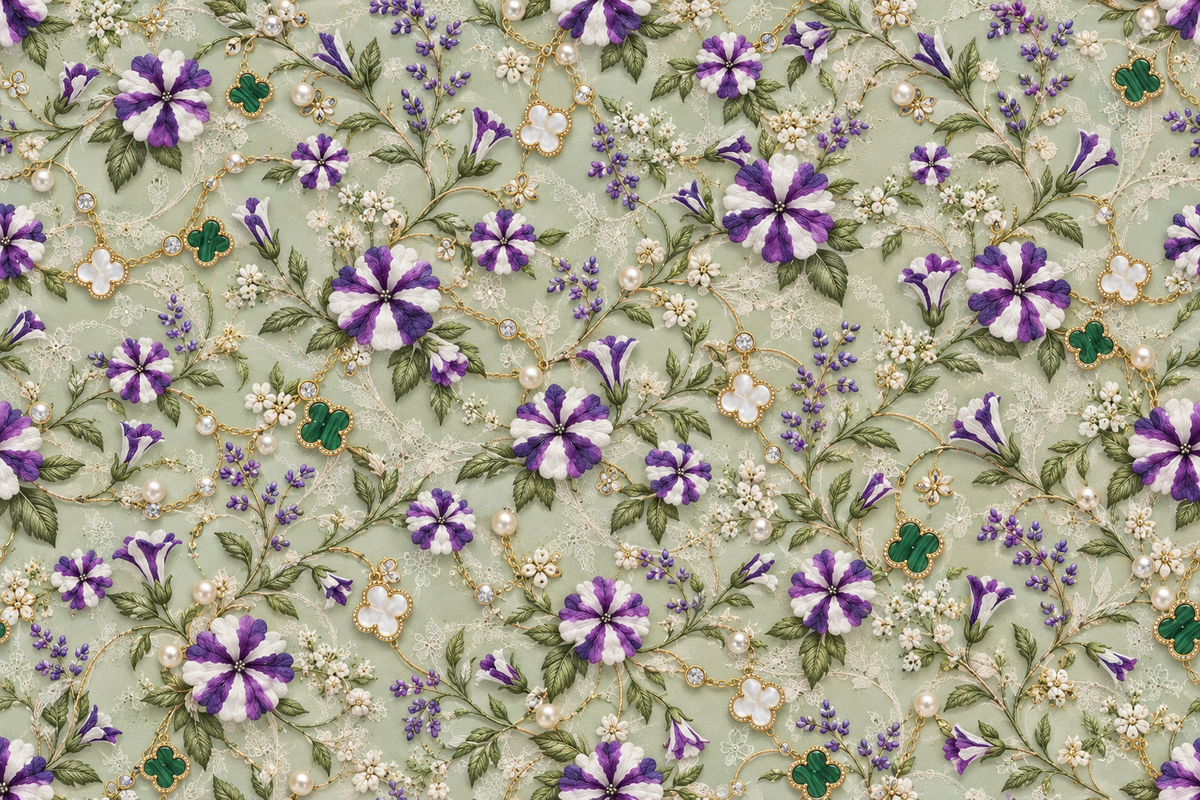 Violet Star Filigree — violet and ivory star-shaped flowers scatter among delicate green leaves and curling ornament on pale sage.